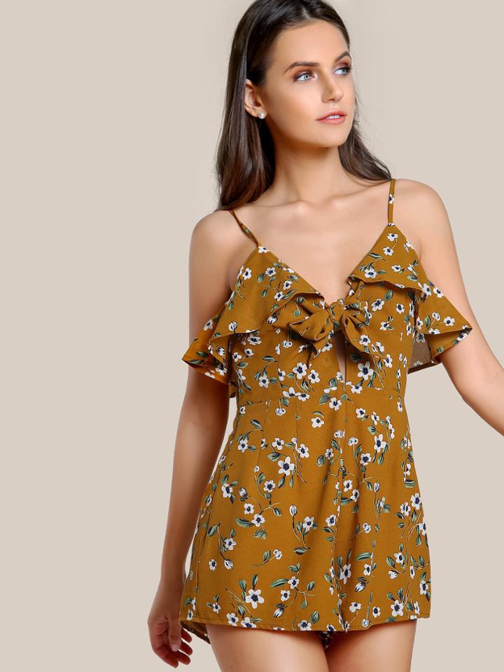 Romwe Flower Print Ruffle Trim Romper