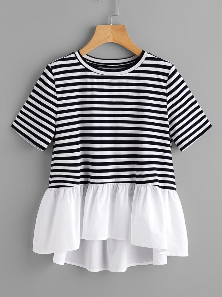 Romwe Contrast Frill Trim Striped Tee