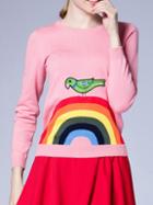 Romwe Pink Color Block Bird Embroidered Knit Sweatshirt