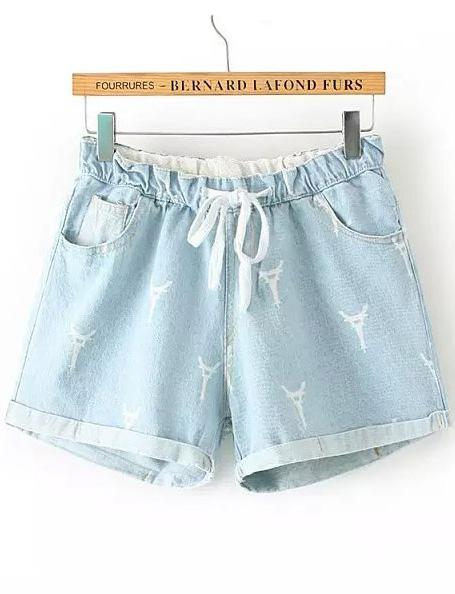 Romwe Drawstring Cuffed Tower Print Pale Blue Denim Shorts