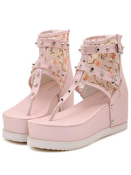 Romwe Pink Sequined Studded Back Zipper Flip Sandals