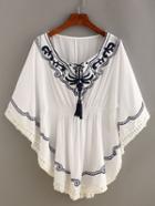 Romwe Embroidery Tassel-tie Crochet Trimmed Poncho Dress