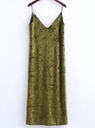Romwe Olive Green Slit Velvet Cami Dress