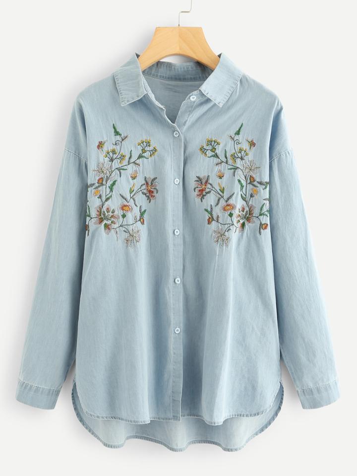 Romwe Flower Embroidery Step Hem Chambray Blouse