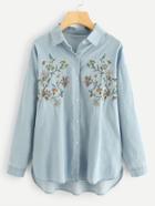 Romwe Flower Embroidery Step Hem Chambray Blouse