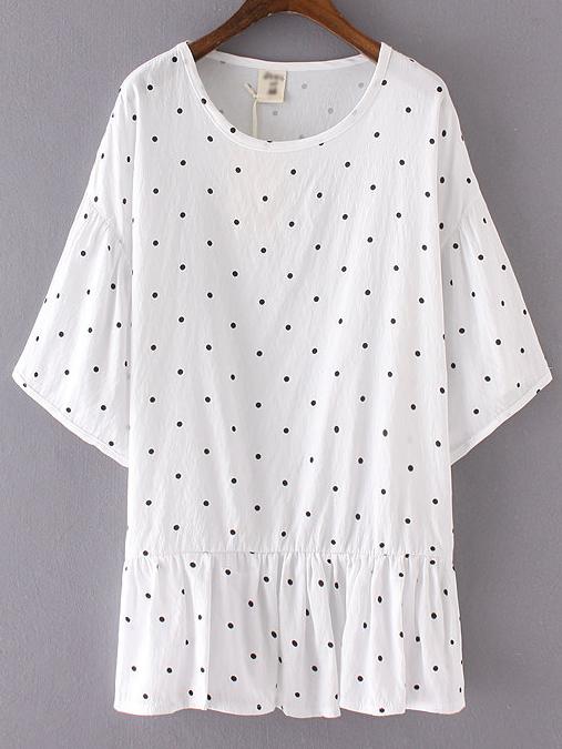 Romwe White Polka Dot Pleated Blouse
