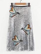 Romwe Dragonfly Embroidery Sequin Skirt