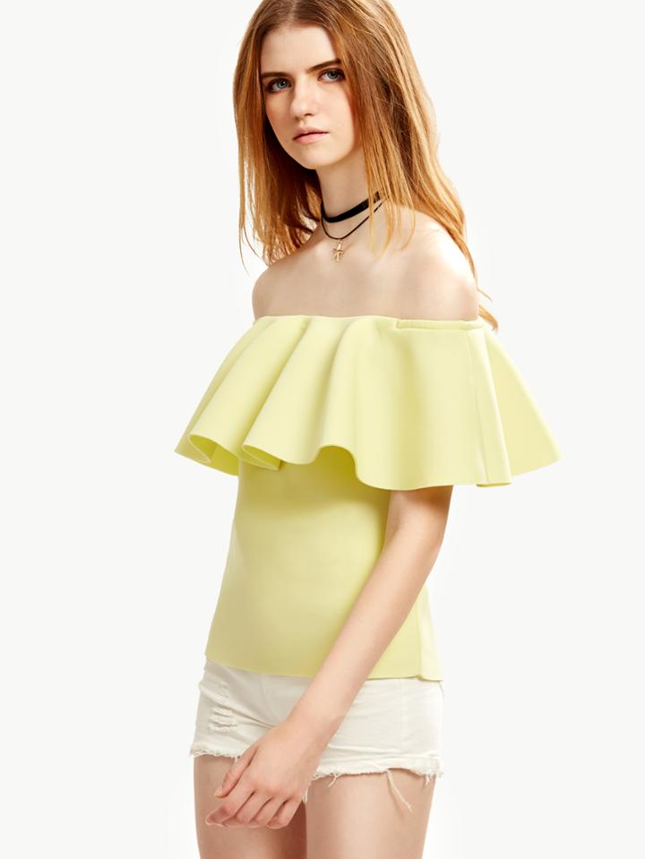 Romwe Yellow Off The Shoulder Ruffle Top