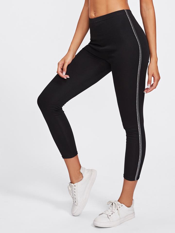 Romwe Letter Print Side Elastic Waist Skinny Leggings
