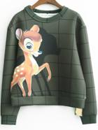 Romwe Deer Print Plaid Green Sweatshirt