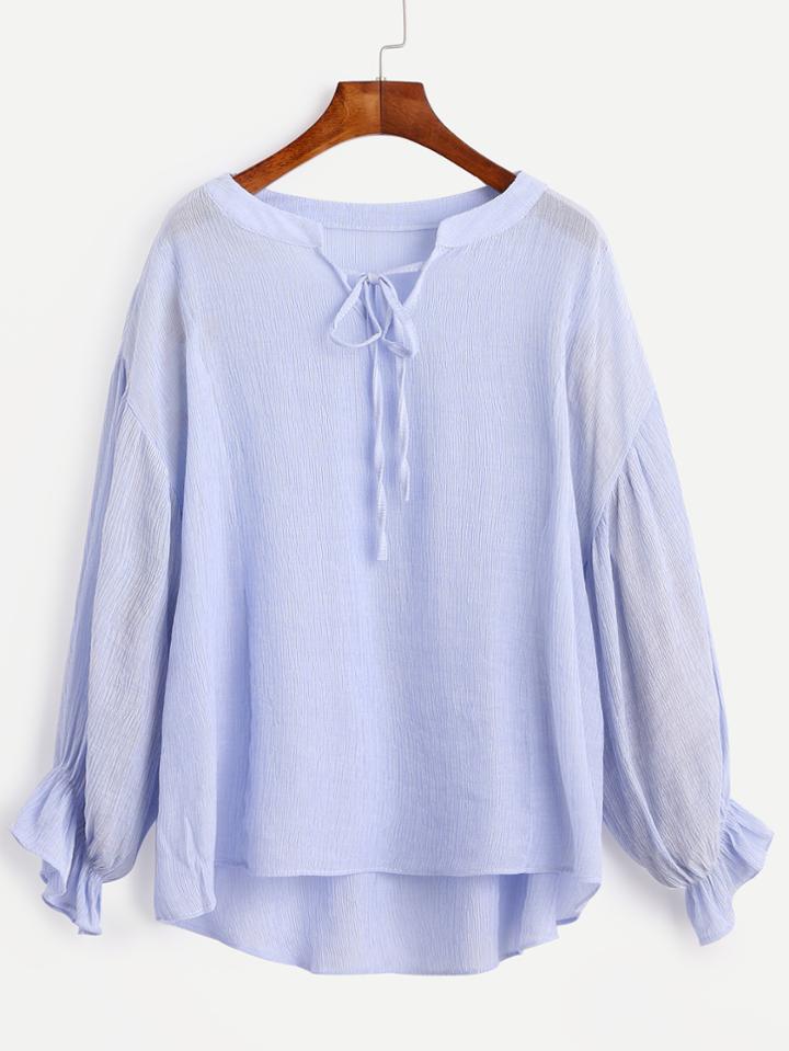 Romwe Blue Ruffle Cuff High Low Tie Neck Blouse
