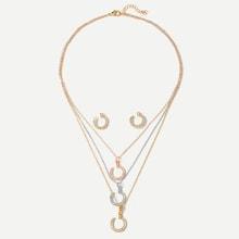 Romwe Rhinestone Circle Layered Necklace & Earrings Set