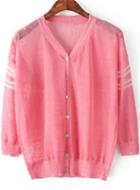 Romwe V Neck Striped With Buttons Pink Cardigan