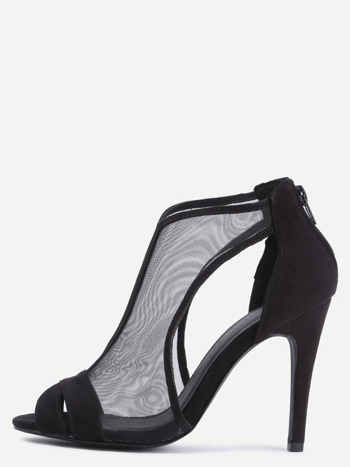 Romwe Black Mesh Mixed Suede High Heeled D'orsay Sandals