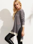 Romwe Grey Long Sleeve Split Knitted T-shirt