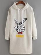 Romwe Dropped Shoulder Seam Rabbit Print Hooded Sweatshirt Dress