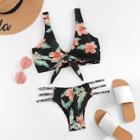 Romwe Floral Knot Front Top With Ladder Cut-out Bikini