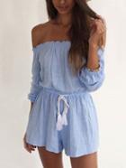 Romwe Blue Off-the-shoulder Tassel-tie Waist Romper