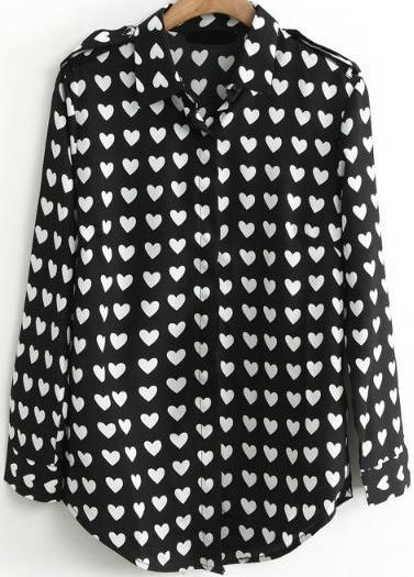 Romwe Hearts Print Epaulet Black Blouse