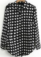 Romwe Hearts Print Epaulet Black Blouse