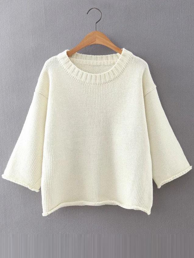 Romwe White Round Neck Drop Shoulder Loose Sweater