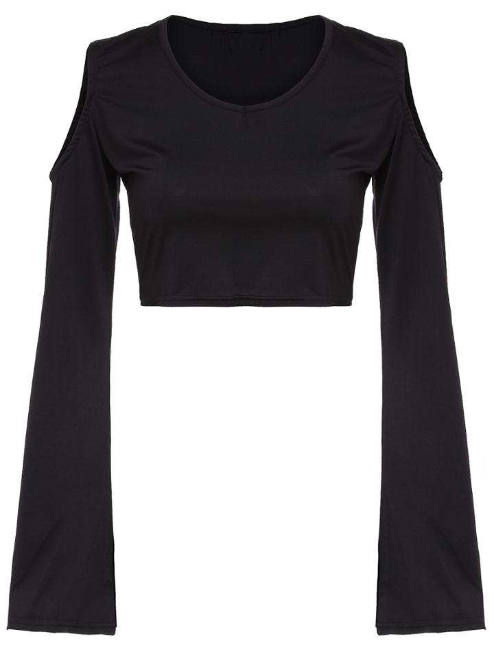 Romwe Bell Sleeve Open Shoulder Crop T-shirt