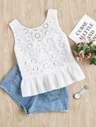 Romwe Bow Embellished Tiered Hem Eyelet Embroidered Top