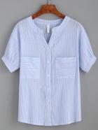 Romwe Blue Striped Short Sleeve Blouse With Pockets