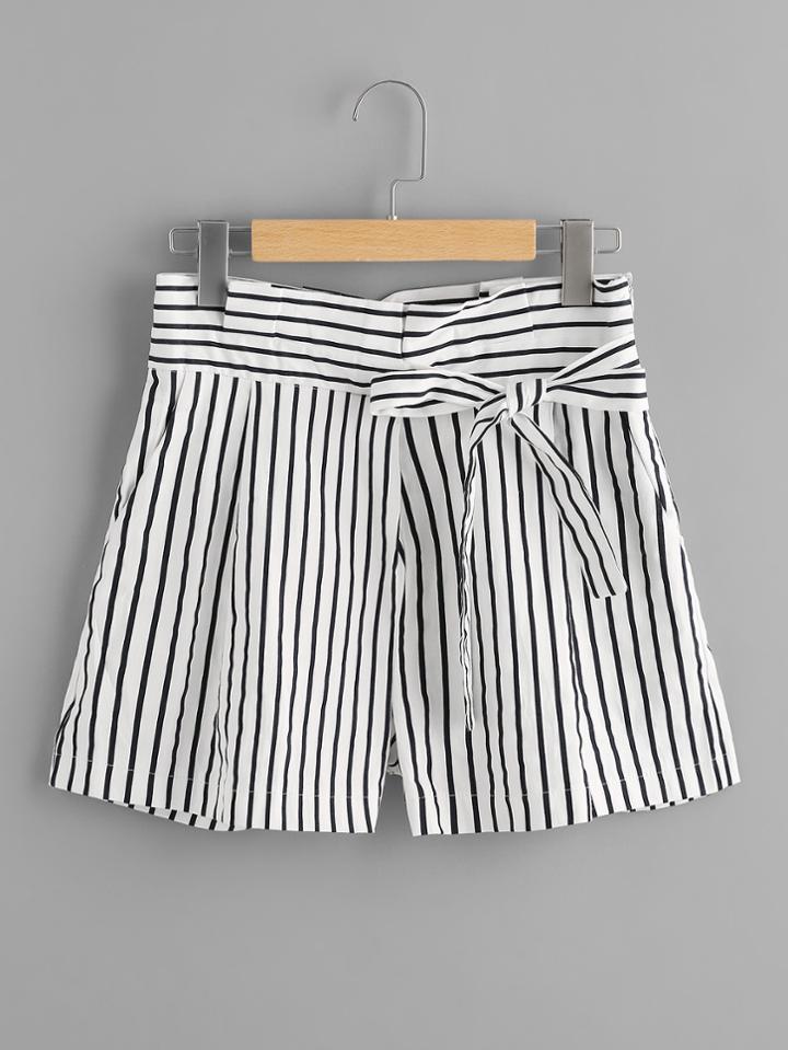 Romwe Striped Bow Tie Front Shorts
