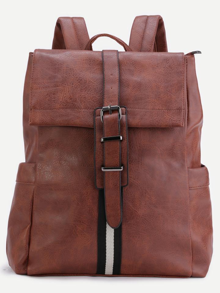 Romwe Brown Pu Buckle Strap Flap Backpack