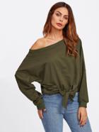 Romwe Bow Tie Hem Asymmetric Shoulder Pullover