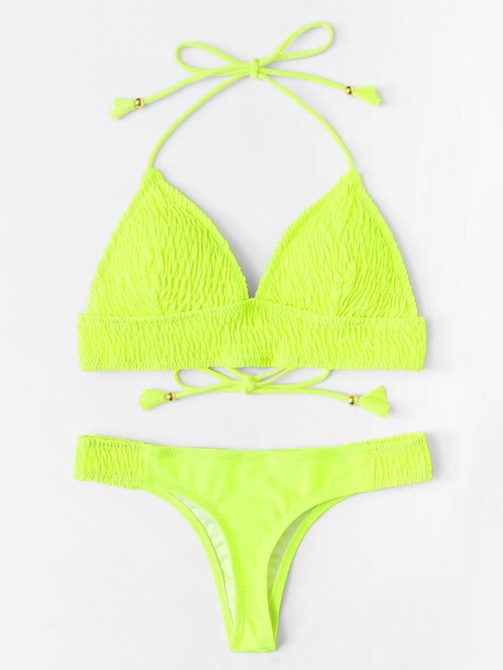 Romwe Shirred Self Tie Bikini Set