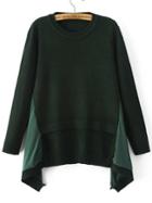 Romwe Dark Green Ribbed Trim Asymmetrical Hem Sweater