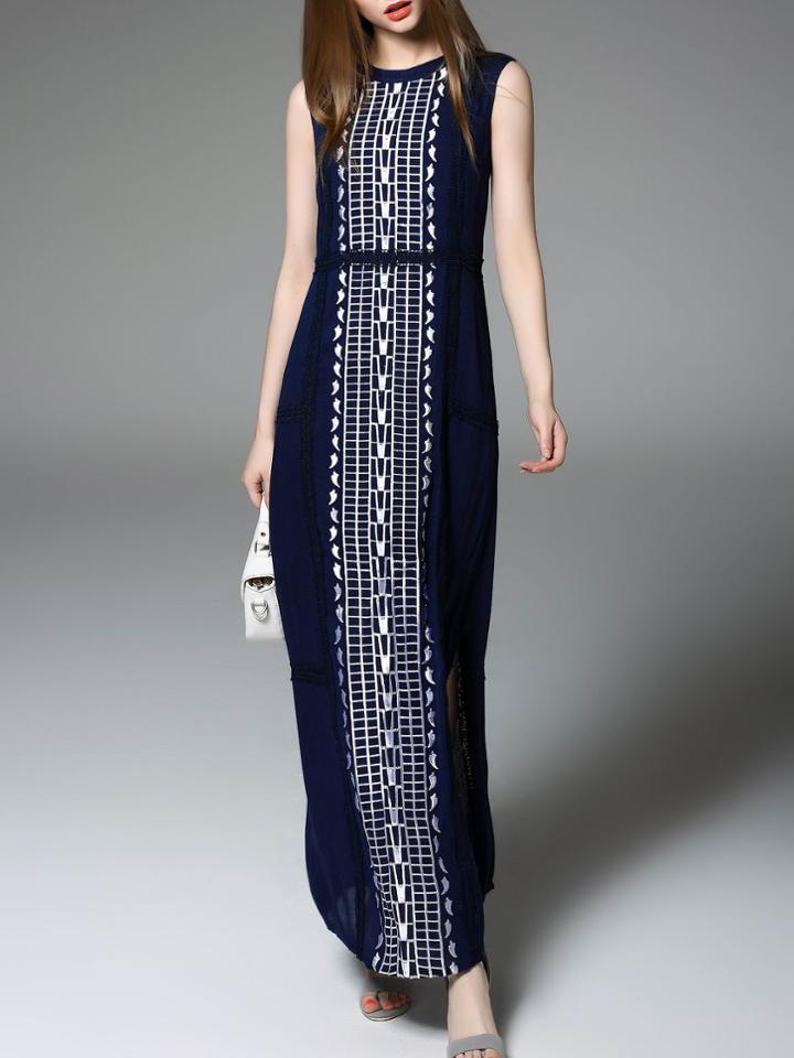Romwe Navy Embroidered Pleated Split Dress