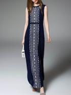Romwe Navy Embroidered Pleated Split Dress