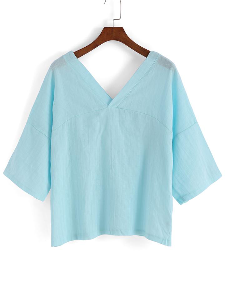 Romwe V Neck Loose Blue T-shirt