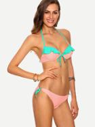 Romwe Contrast Ruffle Bikini Set - Pink