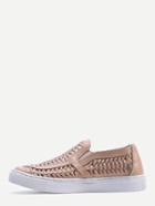 Romwe Apricot Faux Leather Hollow Woven Wedge Sneakers