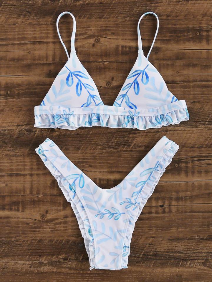 Romwe Jungle Print Frill Detail High Leg Bikini Set