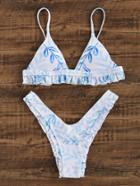 Romwe Jungle Print Frill Detail High Leg Bikini Set