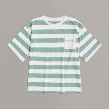 Romwe Guys Striped Contrast Letter Print Pocket Tee