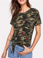 Romwe Flower Applique Knot Front Camo Print Tee