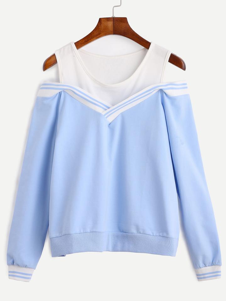 Romwe Blue Varsity Striped Contrast Open Shoulder Sweatshirt