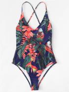 Romwe Crisscross Tropical Print Swimsuit