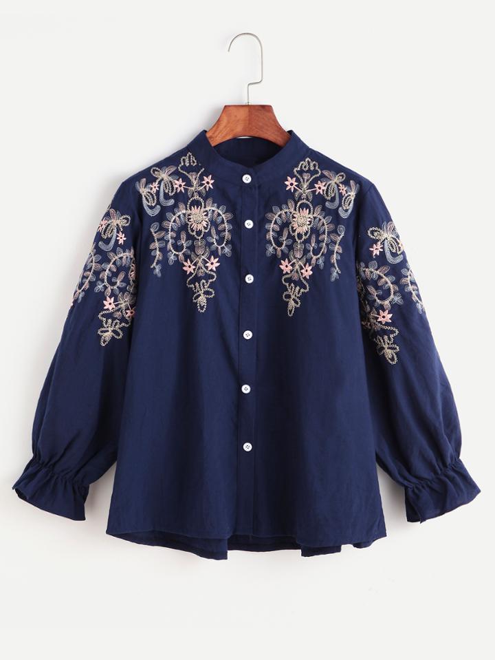 Romwe Navy Flower Embroidered Shirred Cuff Shirt