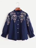 Romwe Navy Flower Embroidered Shirred Cuff Shirt