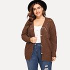 Romwe Plus Eyelet Button Up Sweater Coat