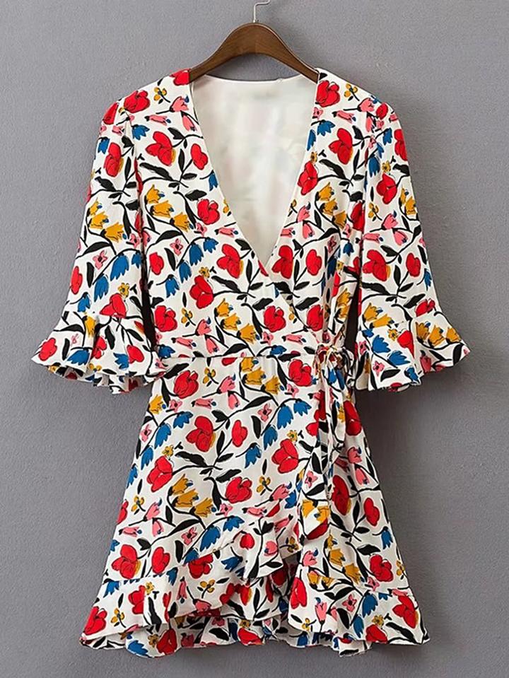 Romwe Bell Sleeve Tie Waist Ruffle Trim Playsuit
