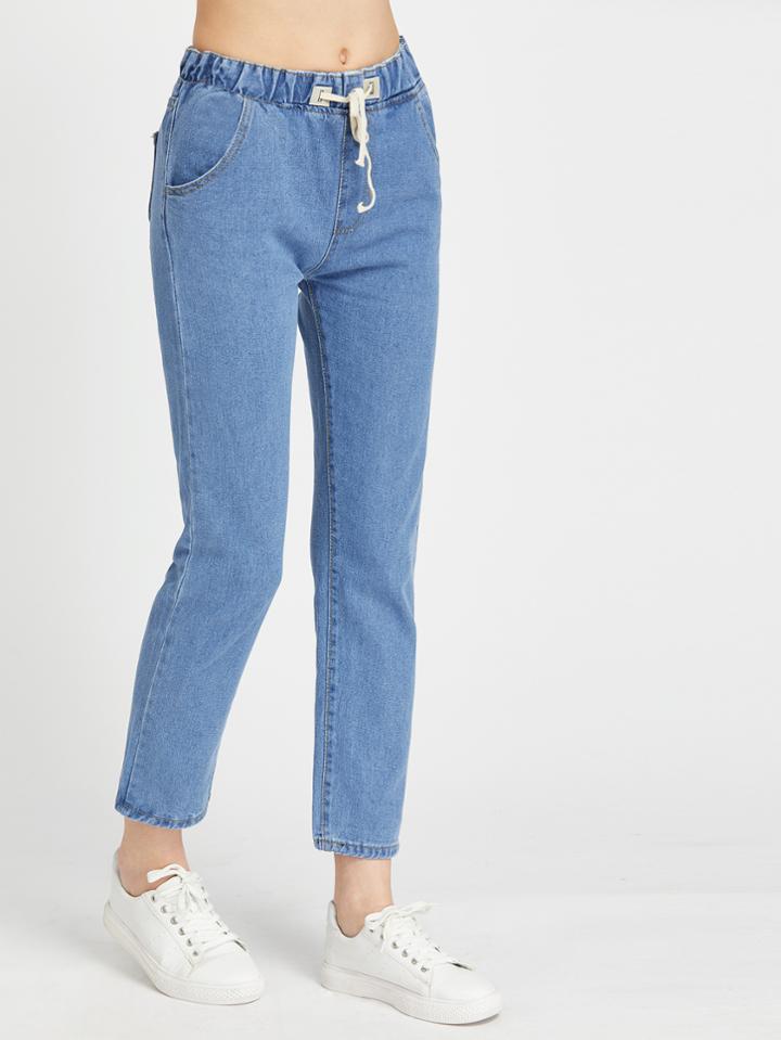 Romwe Light Blue Drawstring Waist Jeans