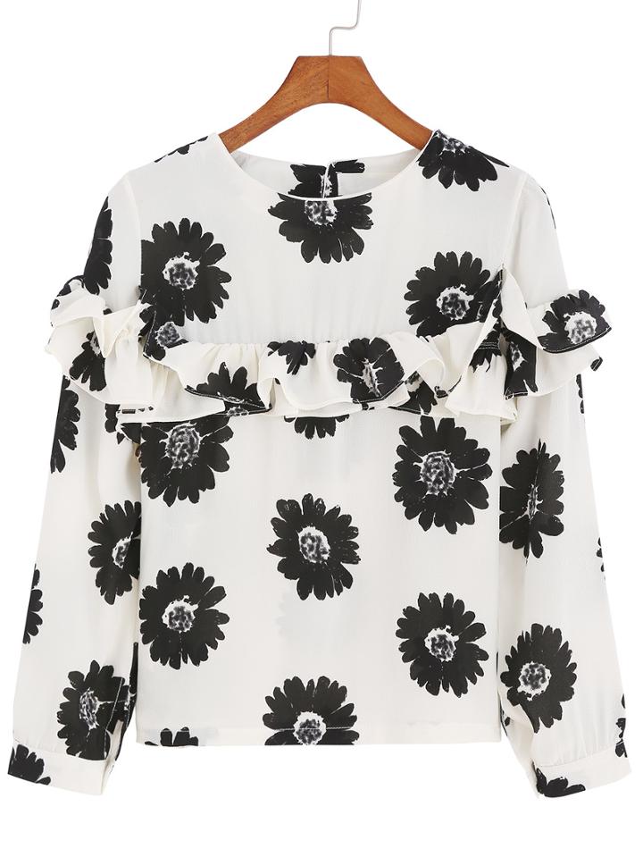 Romwe Chrysanthemum Print Ruffle Black Top